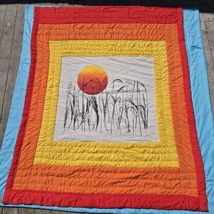 Tamarack Vintage Print Upcycled MCM Blanket Quilt Red Yellow Handmade Bright Art